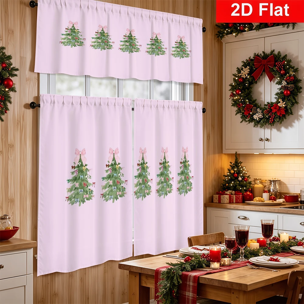 Christmas Winter Kitchen Curtains, Mini Trees Pink Bows, Digital Print, Kitchen Dining Room, Rod Pocket Polyester, Home Decor