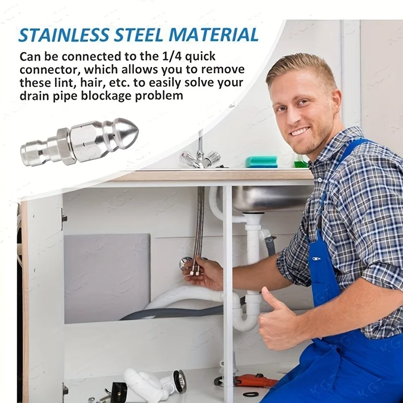 Stainless Steel 1 4 Inch 5000PSI High Pressure Water Jet Drain Cleaner Nozzle 6 Spray Patterns Quick Connect Sewer Cleaning view 5