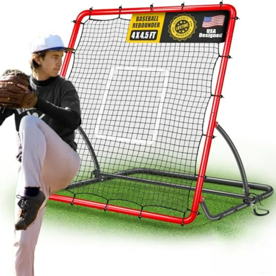 

Heavy Duty Baseball Rebounder Net 4x4.5 FT Pitchback with 3 Adjustable Angles for Ground Line Drive Fly Ball Return Settings Fi