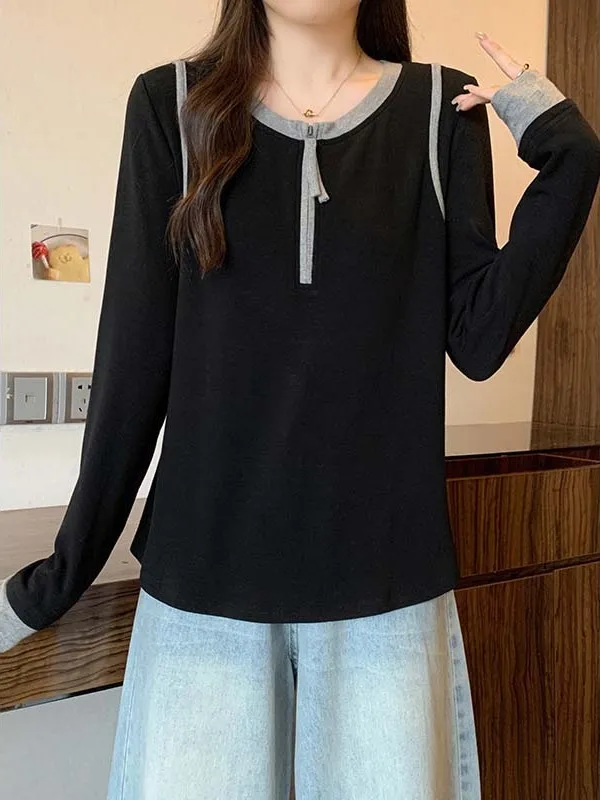 러브 도파인 롱 슬리브 티셔츠 여성용 컬러 블록 베이스 티셔츠 라지 사이즈 여성용 탑 지퍼 라운드 넥 풀오버