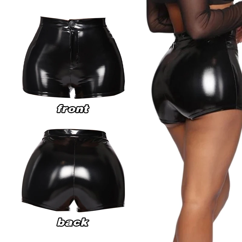 New Sexy Nightclub Costumes Skinny Shorts Women PU Leather Shorts High Waist Solid Button Black Shorts Summer Wet Look Leather