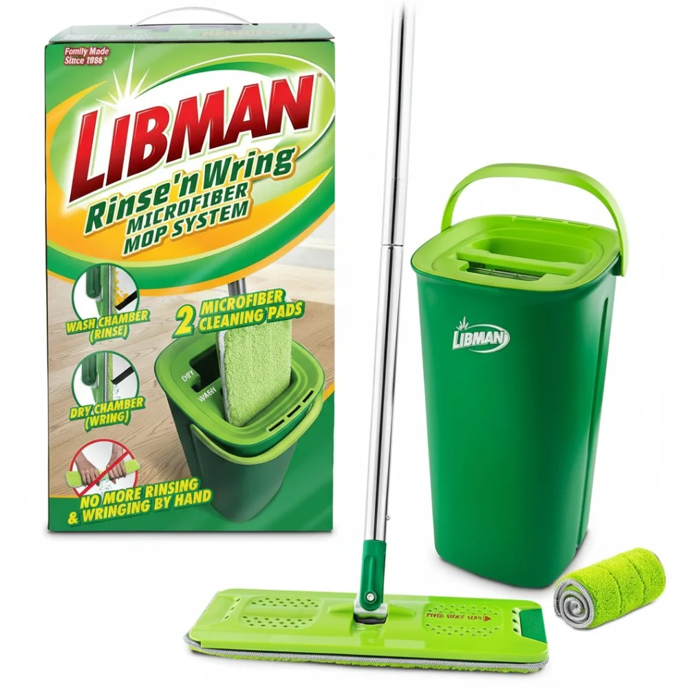 

Dual Chamber Mop Bucket System, Microfiber Wet Dry Floor Cleaner for Hardwood Laminate Tile - 2 Washable Heads