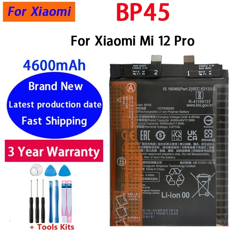 100% High Quality NEW BP45 4600mAh Battery For Xiaomi Mi 12 Pro Phone Replacement Batteries Bateria Batterij+Tools
