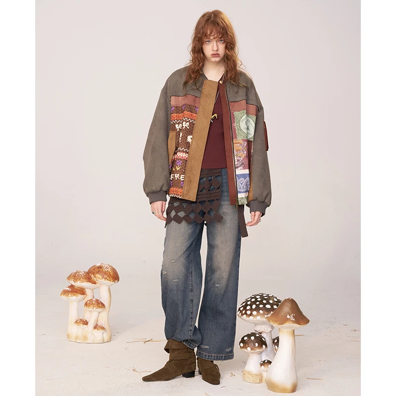 ELFSACK 2025 nuevas llegadas de invierno chaqueta acolchada holgada con Panel estampado de bloques de Color bohemio para mujer