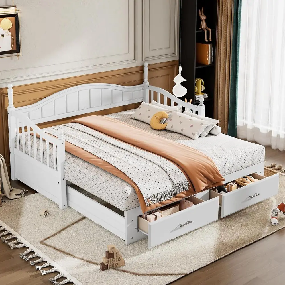 White Twin Daybed with Pull-Out Trundle and Storage Drawers, Suitable for Kids, Teens, and Adults - No Box Spring Needed
