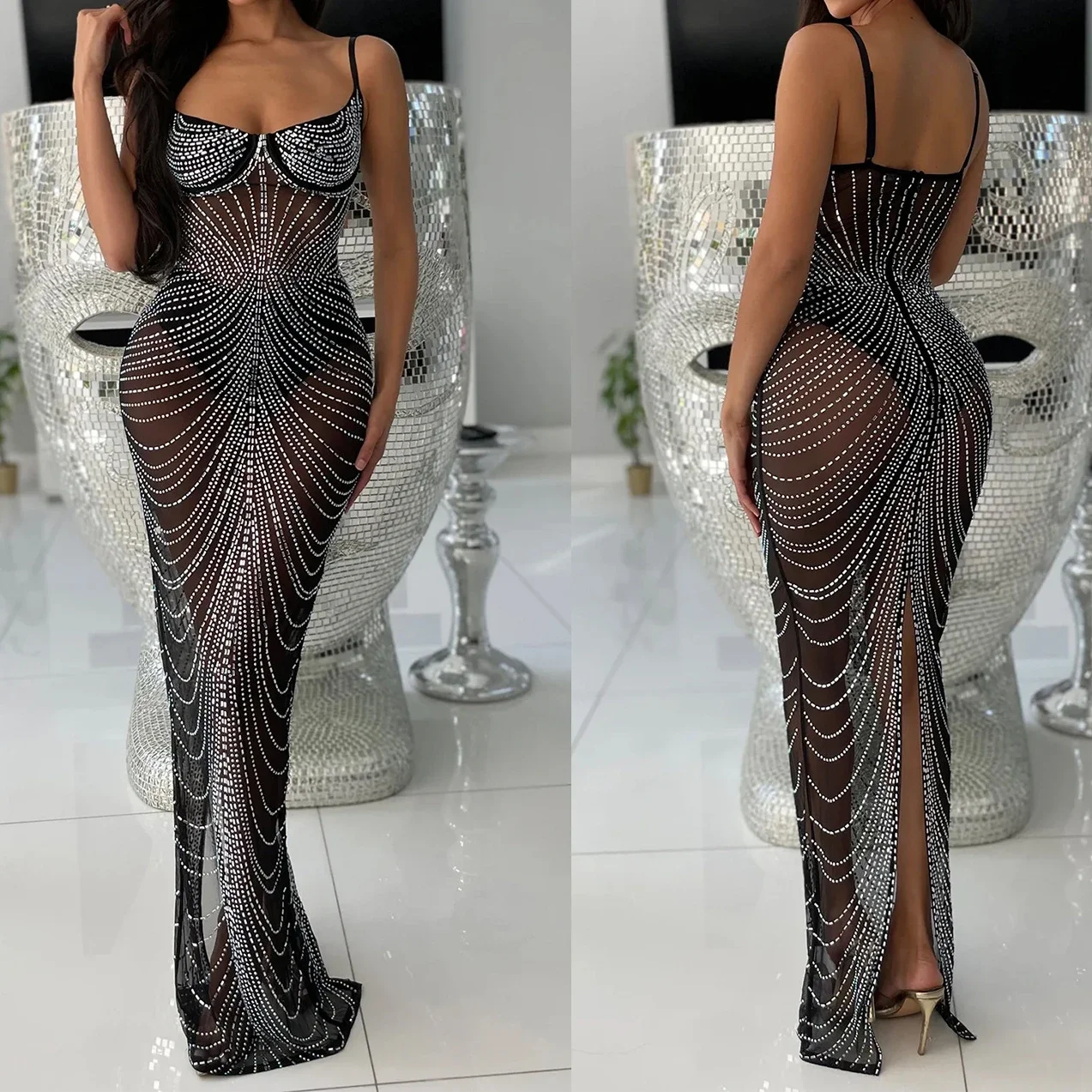 Women Sequin Dress Elegant Cocktail Sling V Neck Black Dresses Slit Evening Dresses Party Prom Gown Slim Mesh Normal Vestidos