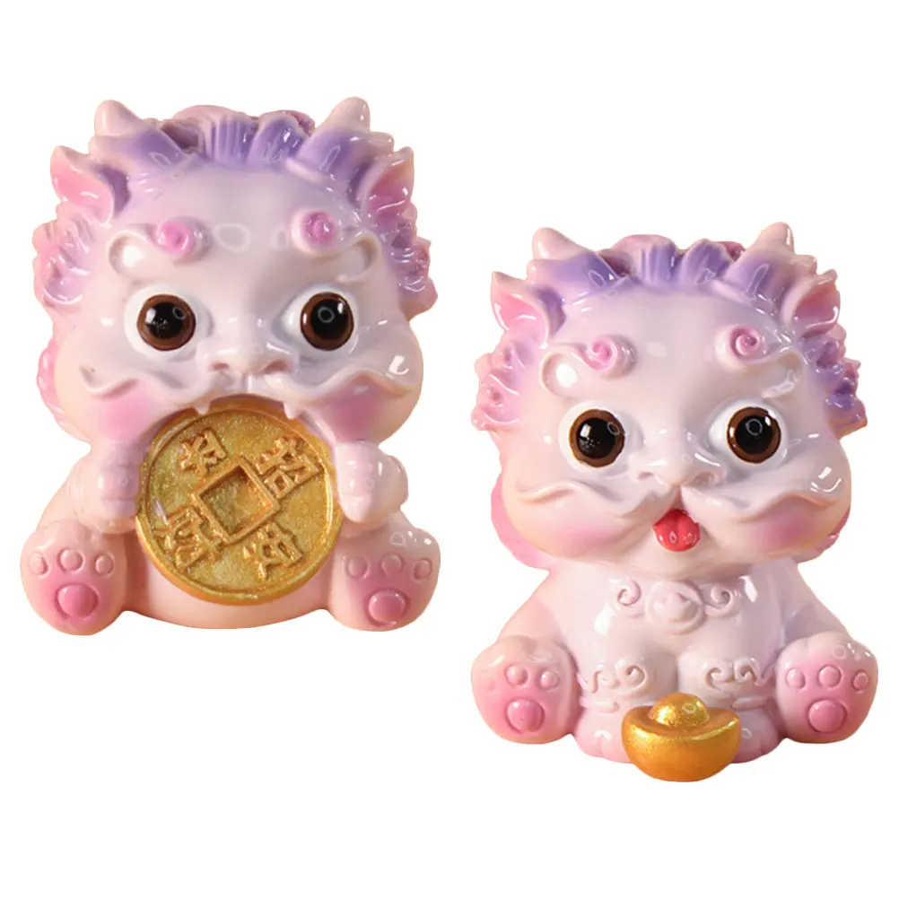 

2 Pcs Pink Fortune Decor Resin Animal Statue Home Office Car Fengshui Tabletop Adornment Detail Design Weight