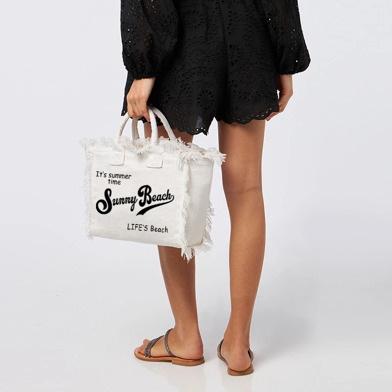 Summer American Style Sunny Beach Printing Women's Tassel Handbag Letters Canvas Tote Medium Size Bag Wedding Gift image 3