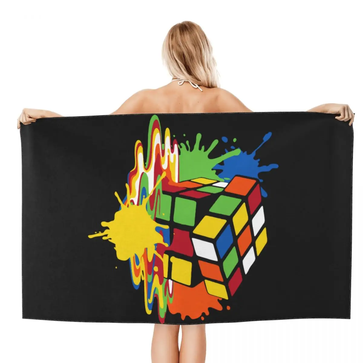 Customized Melting Rubiks Cube Beach Towel Geometric Math Magic Breathable Microfiber Bathroom Towels