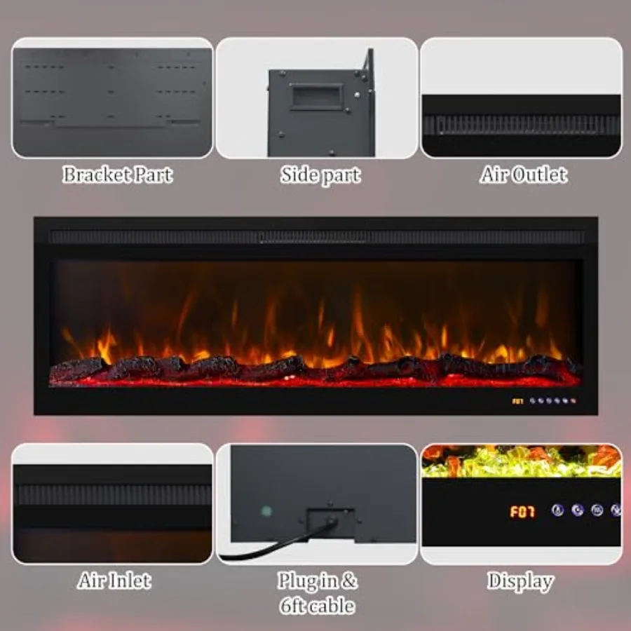 Wall Mounted and Recessed Electric Fireplace with App Remote Touch Screen Control Realistic Log Set and Crystal Accents 13 Adju