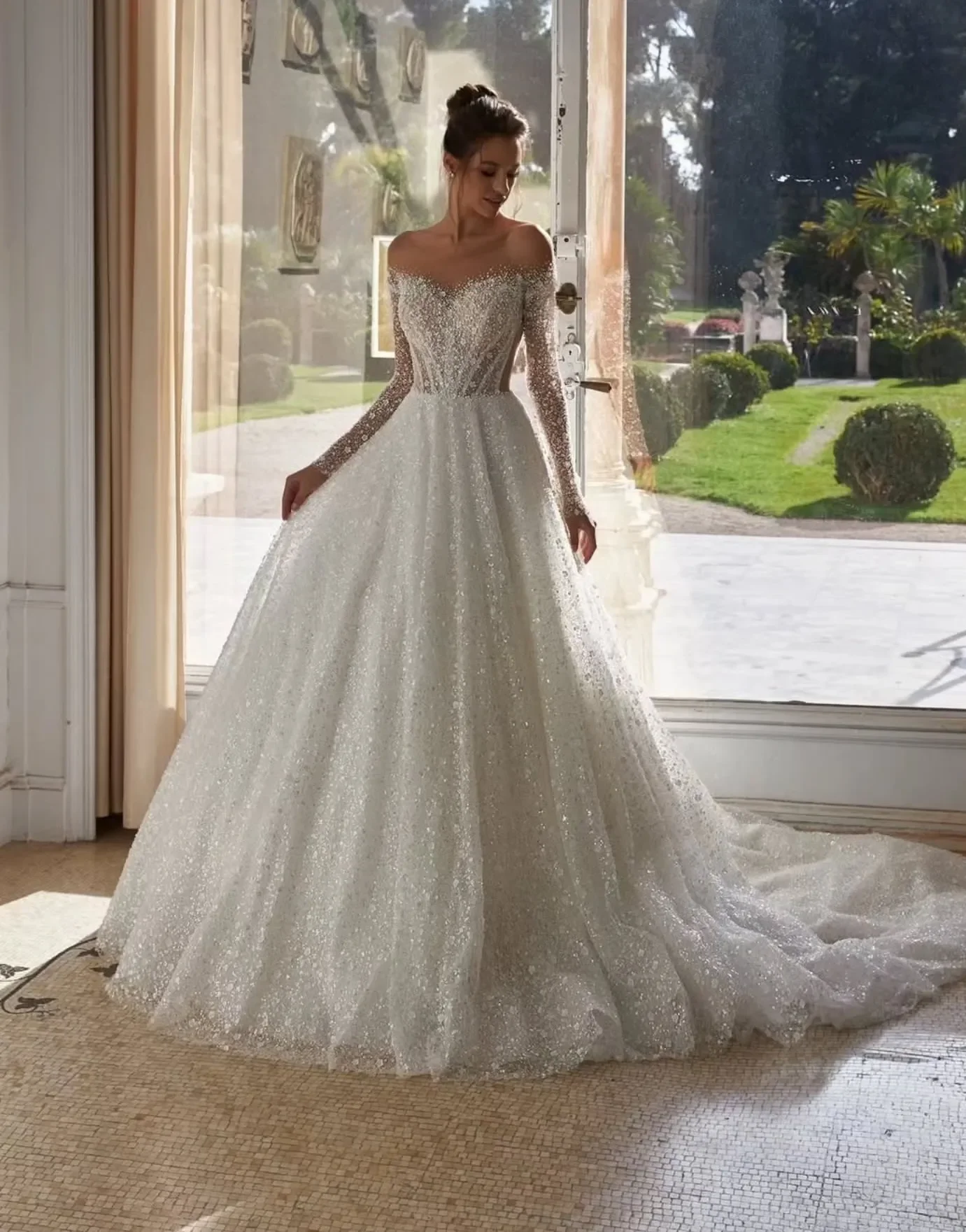 

Свадебные платья с иллюзией шеи по индивидуальному заказу, бальное платье с блестками для невесты, на пуговицах сзади, из бисера, принцесса robe de mariage