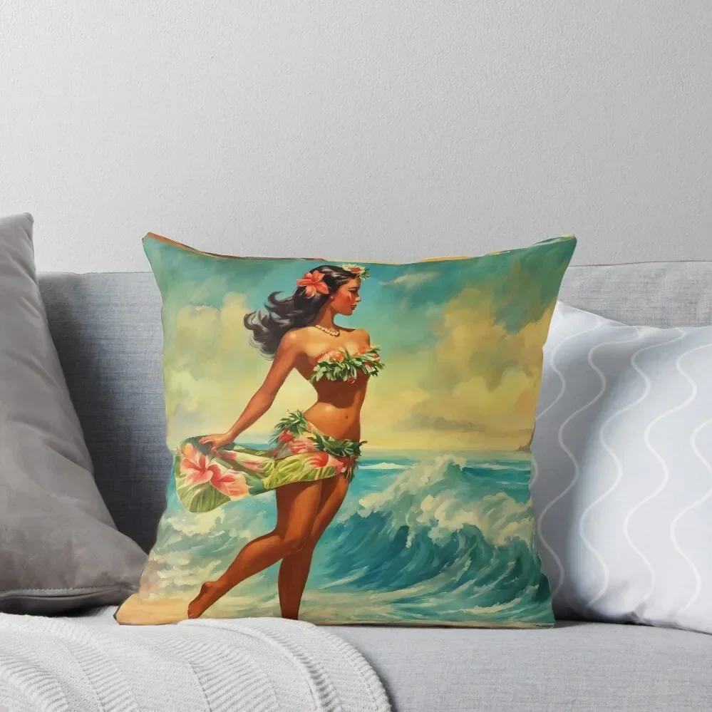 A Painting Of A Woman In A Hula Skirt On The Beach Throw Pillow Pillow Case Christmas Decorative Cover For Living Room pillow