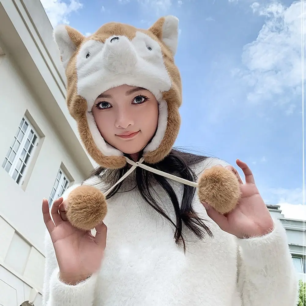 New Cartoon Husky Plush Hat Winter Keep Warm Pullover Hats Outdoor Riding Windproof Ear Protection Cap