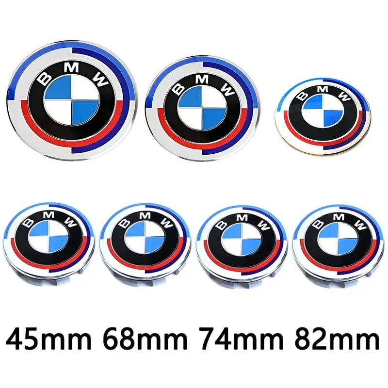 

For B-BMW 50th Anniversary Logo 82mmRear Badge 74mmWheel HubCap 68mm+Steering Wheel Sticker 45mm 2025 New 7Pcs Front Hood Emblem