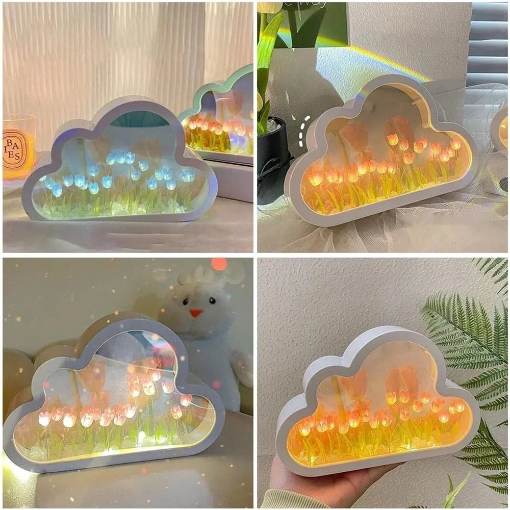 DIY Cloud Mirror Tulip Lamp Night Light Girl Bedroom Ornaments Photo Frame Handmade Glass Bedside Sleep Light Christmas Gifts