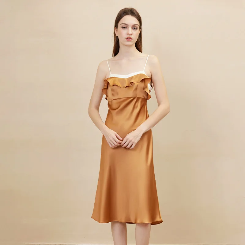 100% de seda Mulberry, camisola de seda de colores contrastantes, vestido con recorte en la espalda, camisón cómodo y Sexy, vestido liso y sedoso elegante de lujo