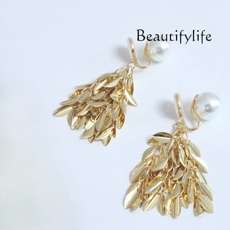 Leaf tassel ear clips women's new earrings niche high-end pearl square face earrings