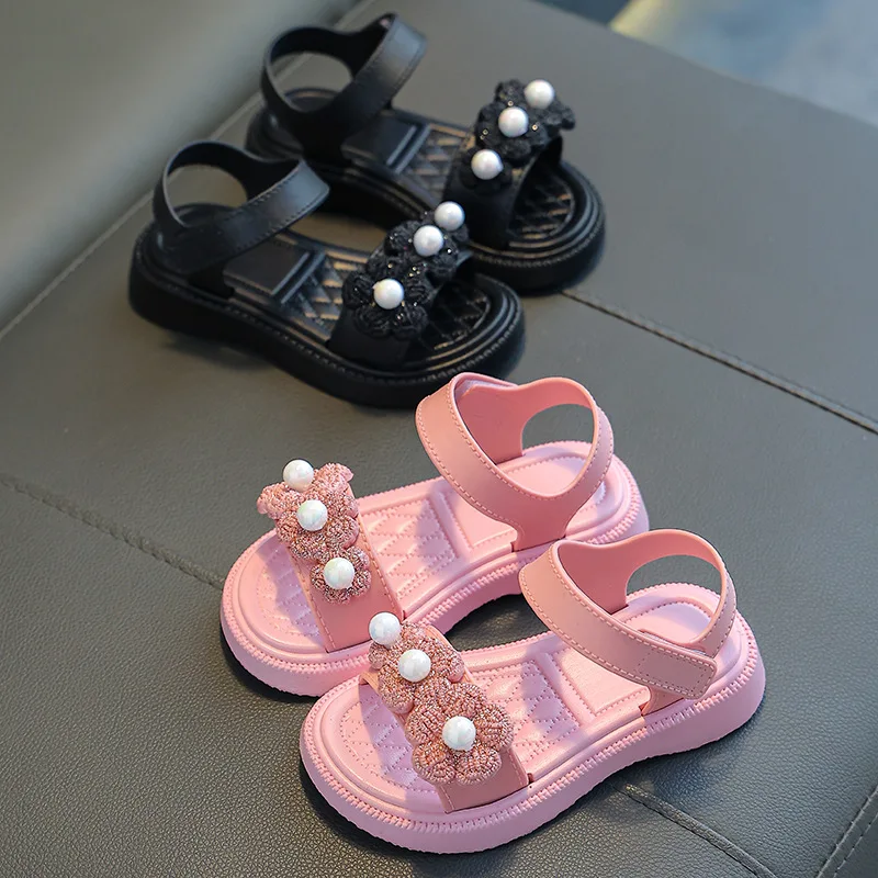 New Summer Girl Children Sandals Child Casual Shoes Kid Girl shoe Beach Shoes Pearl flowers Soft Bottom Non-slip Sports Sandals