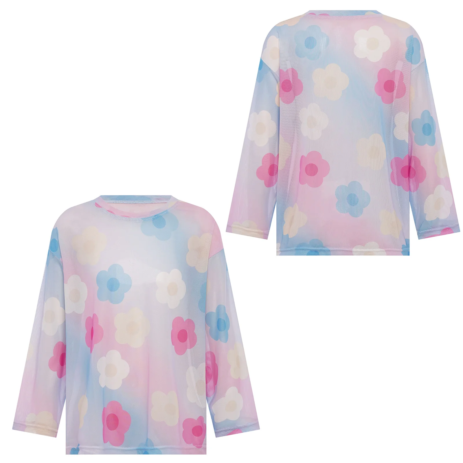 Kids Sportswear Girls Breathable Sports Tops See-Through Mesh Top Long Sleeve Stylish Printed Sheer T-shirt for Vocation Beach
