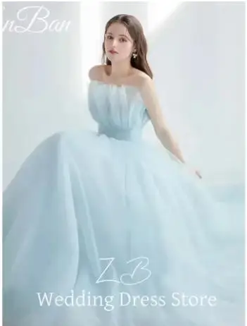 ZanBan Princess Light blue Tulle Wedding Dresses Korea Photo shoot Strapless Floor Length Bridal Gowns Corset Back Customized