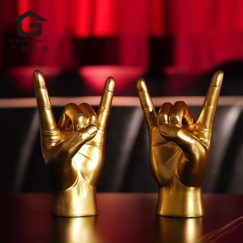 Golden Rock And Roll Hand Gesture Resin Statue Creative Home Living Room Office Desktop Decor Aesthetic Punk Craft Unique Lucky