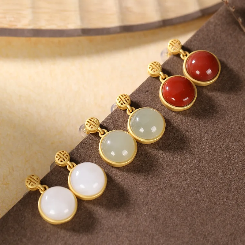 

S925 Sterling Silver Gold-Plated South Red Agate Hetian Jade Women'S Earrings