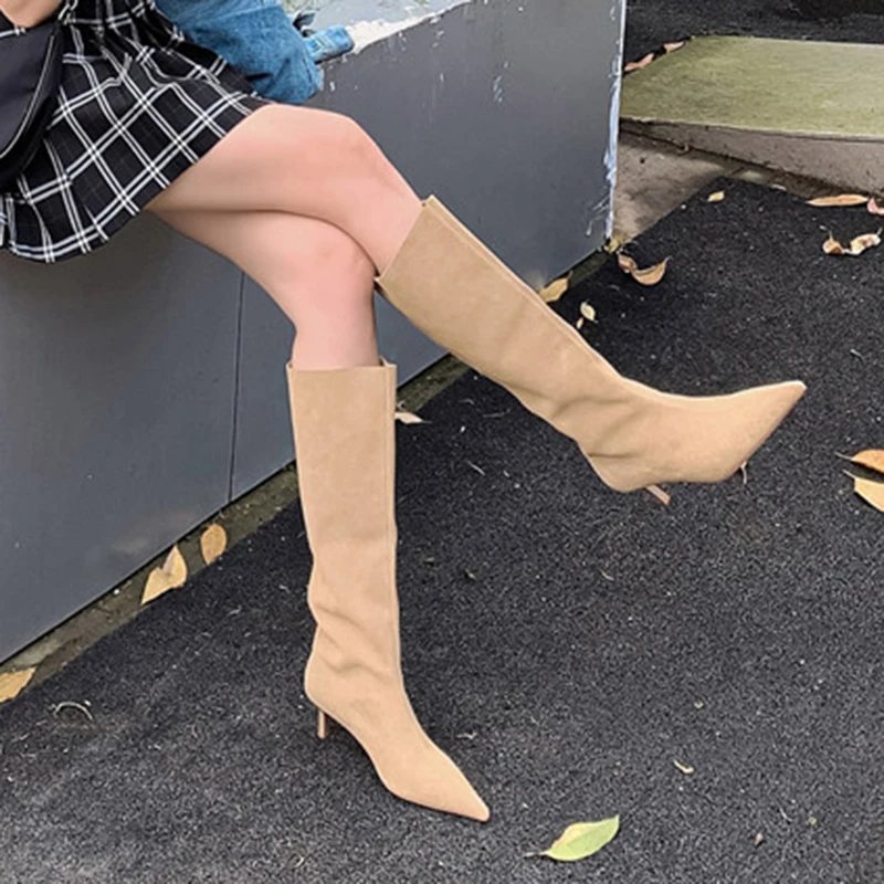 Taoffen Genuine Leather Long Boots For Women Thin High Heel Winter Shoes Solid Color Fashion Casual Women Footwear Size 33-40