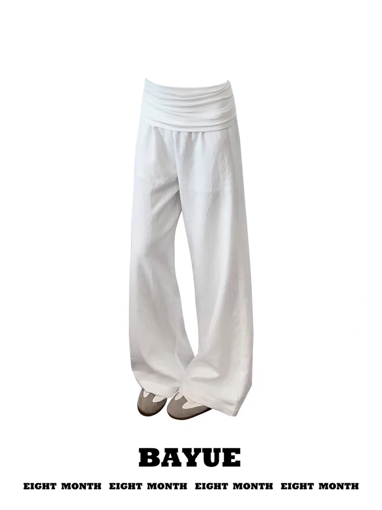 

Linen Knitted Casual Pants Women's Summer Floor-Length Pants Draped Minimalist Versatile White Long Pants High Waist Straight...