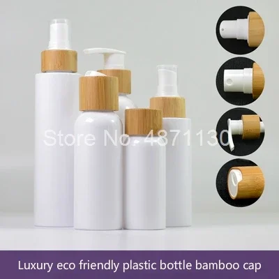 Verkauf Weiße Kosmetik-Emulsionsflasche aus Kunststoff mit Bambus-Druckscheibenverschluss, leere Reise-Flasche für Haartonic/Shampoo/Körperwäsche/Lotion