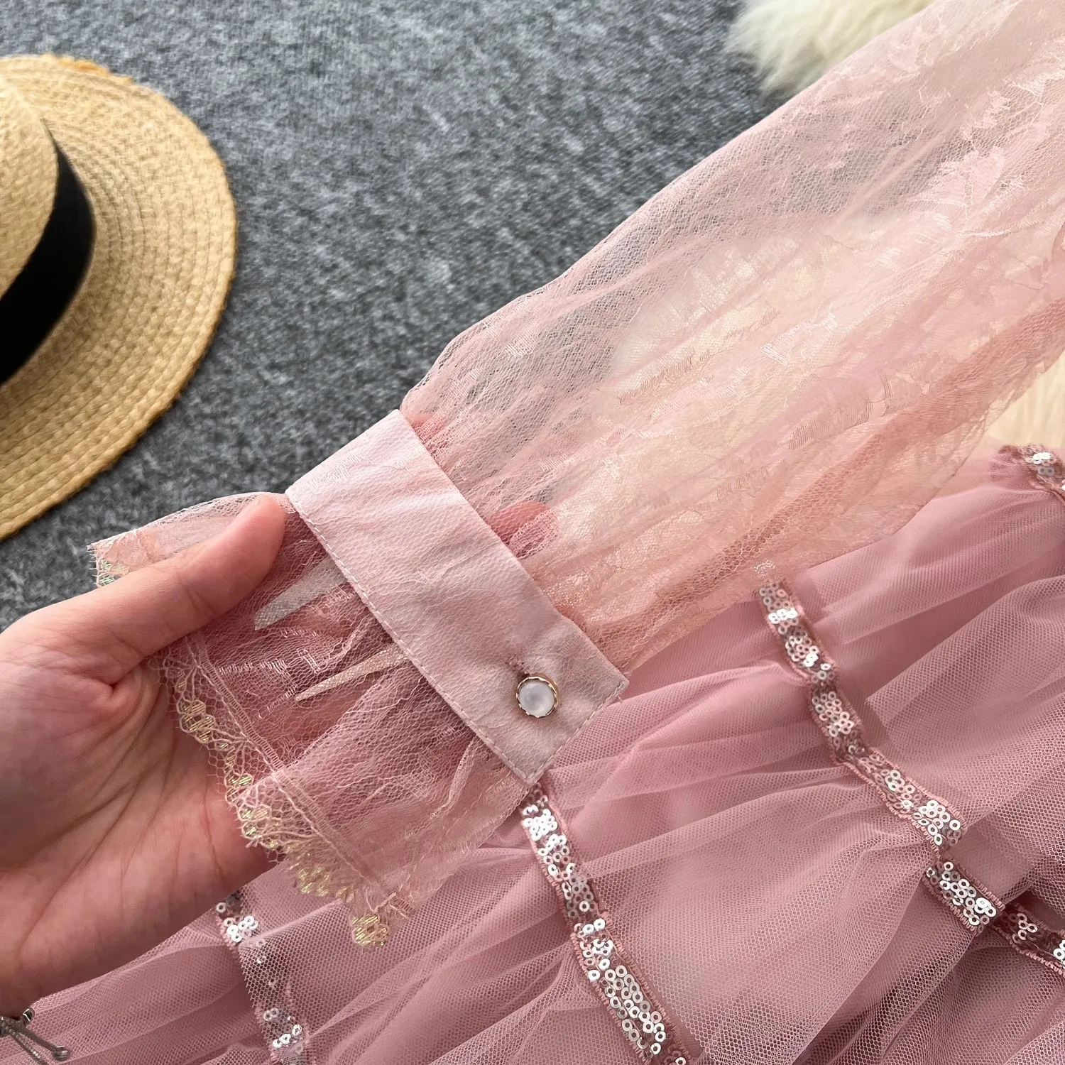 Women's Square Collar Sweet Pink Beading Embroidery Sequins Mesh Multilayer Cake Dress Casual Lady Sequined Lace A-Line Vestido