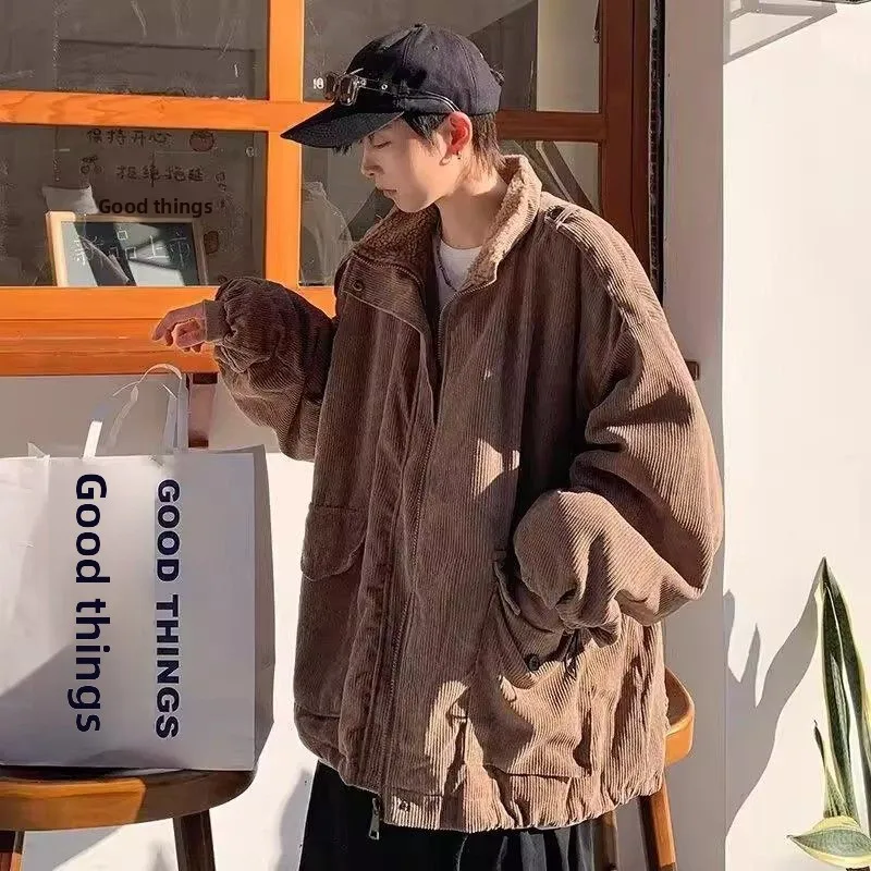 

Вельветовое хлопковое пальто на подкладке из тонкого хлопка, мужское зимнее теплое пальто с воротником-стойкой из овечьего меха, свободное хлопковое пальто из Гонконга