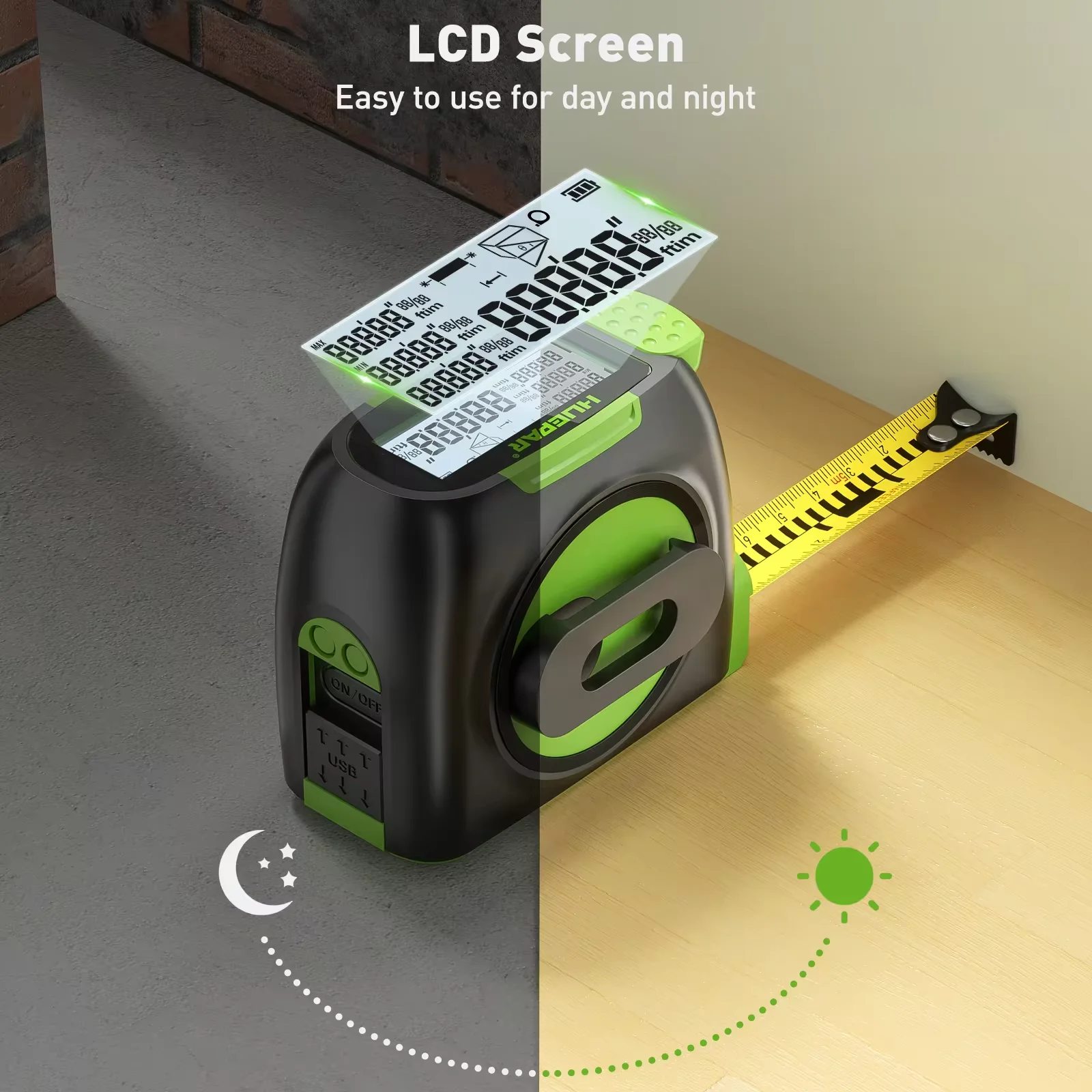 Imagem -03 - Huepar-fita Métrica Digital com Display Lcd Medição a Laser Medidor de Distância Escalável Polegada ou cm Dt30 em 60m 197ft