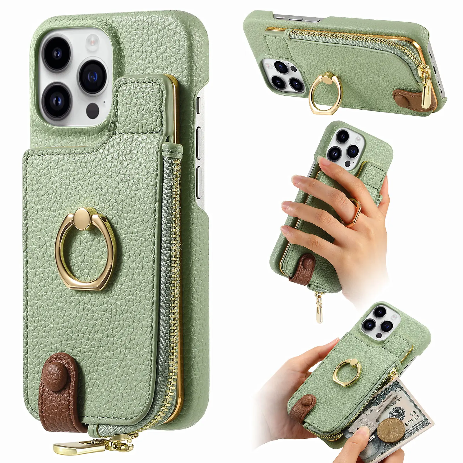 

Ring Wrist Strap Leather Wallet With Card Holder Phone Case For Iphone 16 15 14 11 Pro Max Xs Xr 7 8 Plus 13 12 Mini Cover Funda