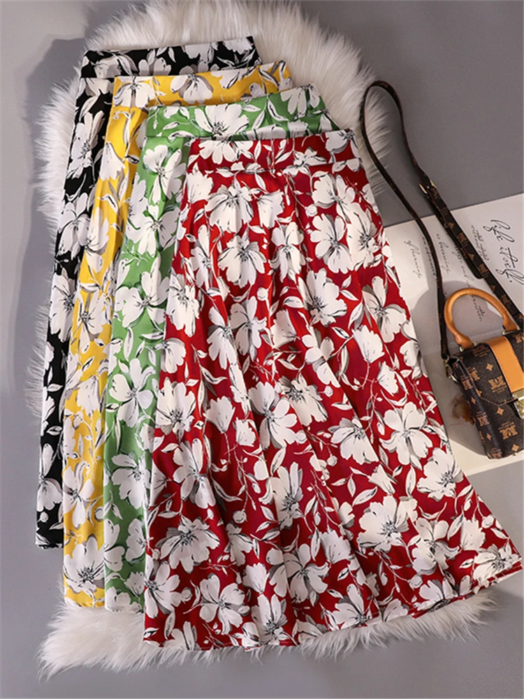 New 2023 Summer Elegant Floral Printed Tulle Mi-long Women Skirts High Waist Female Casual Loose Umbrella Skirts Green Ladies