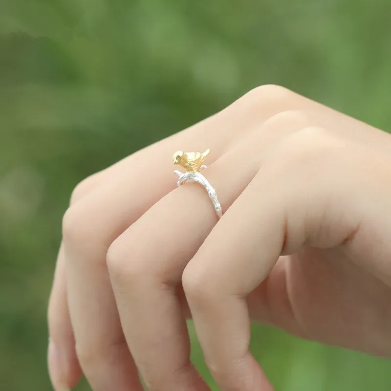 New Arrival Pure 925 Sterling Silver Tree Branch Golden Birds Open Rings For Women Female Anti-Allergy XR050