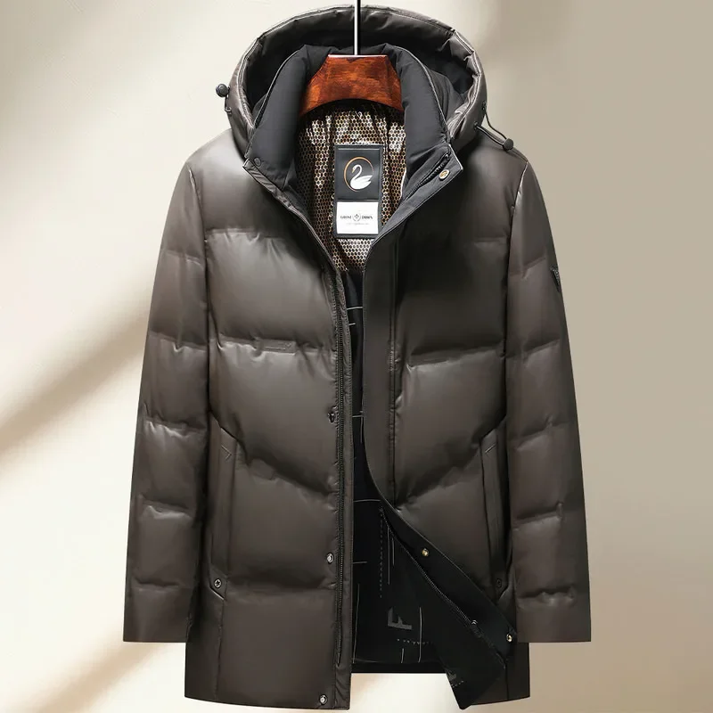 Chaqueta de plumón larga para hombre, Abrigo acolchado de cuero con relleno de ganso, ropa de diseño, invierno, 2024
