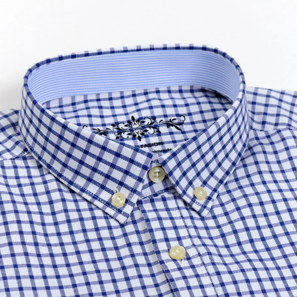 Men\'s Long Sleeve Oxford Plaid Striped Casual Shirt Front Patch Chest Pocket Regular-fit Button-down Collar Thick Work Shirts