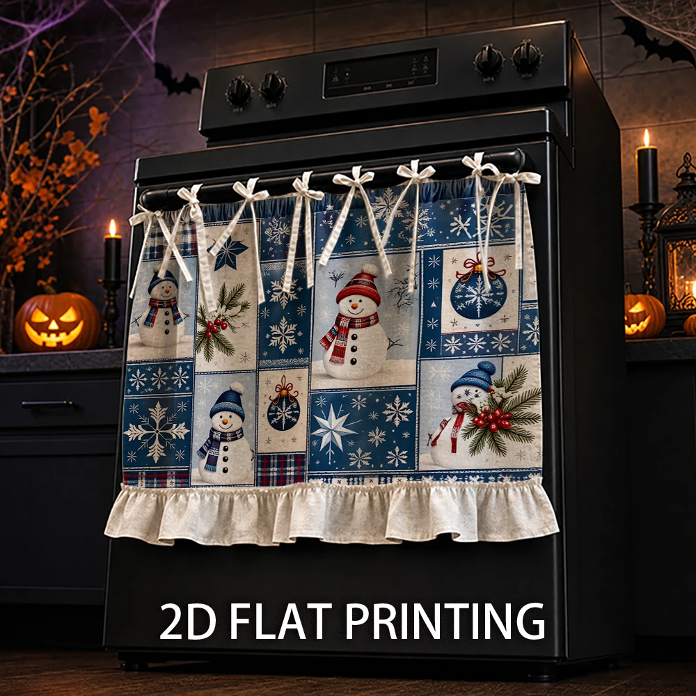 1PC Christmas Kitchen Curtain-Cabinet Curtain-Apron. Printed with snowmen, snowflakes and holiday decorations. Can be used as a