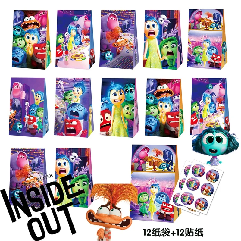 

12pcs Disney Inside Out 2 Candy Bags Anime Figure Joy Sadness Anger Paper Gift Bags for Children's Birthday Party Decoration