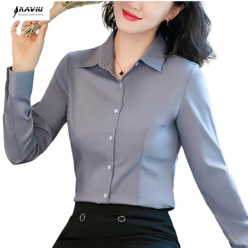 NAVIU Womens Long Sleeve Slim Fit Shirt Gray Professional Formal Blouses Office Lady Work Tops Spring New Temperament 2023