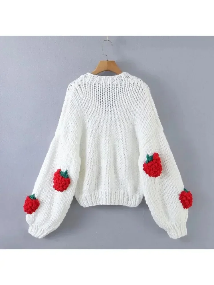 Strawberry Knitted Cardigan Sweater Fashionable Versatile Sweet High Stree Casual Women\'s V-neck Loose Lantern Sleeve Jacket