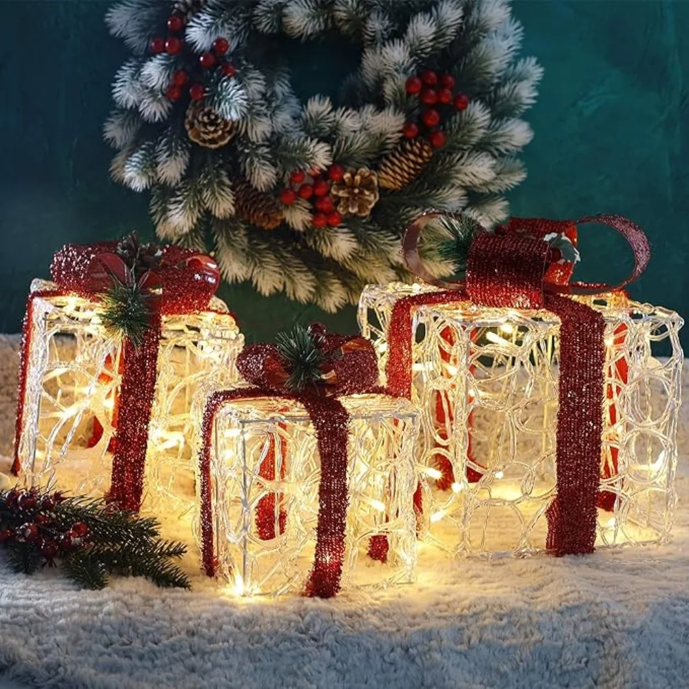 3-piece Christmas Acrylic Lighting Gift Box with Flashing Lights, 10+8+6 Inches 480 LED Warm White Fairy Light