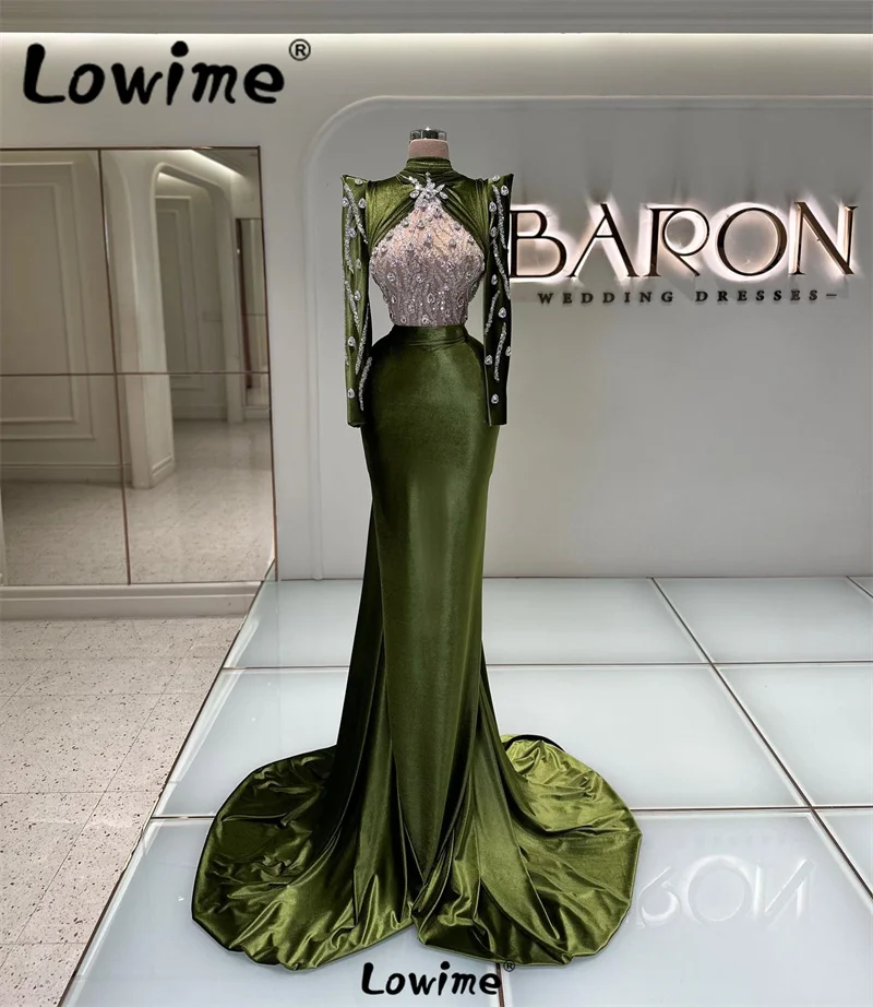 Lowime Green Party Dress High Neck Long Sleeves Crystal Rhinestone Mermaid Luxury Formal Prom Gowns Wedding Evening Dresses Robe