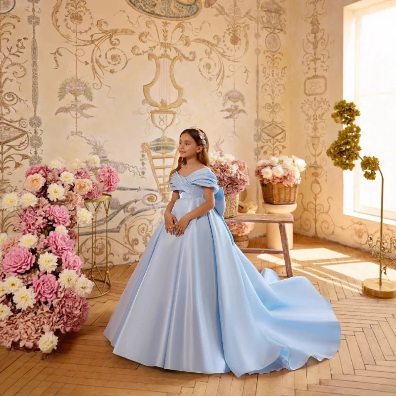 Blue Girls Long Off Shoulder Evening Gown for Host Performance Piano Formal Party Gown Eid Mubarak Violin Banquet Dress Princess