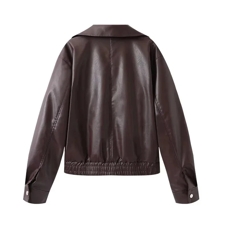 Lockere Damen-Jacke aus Kunstleder mit Stehkragen, amerikanischer Stil, Oberbekleidung, modische Streetwear, Transoceanal Export