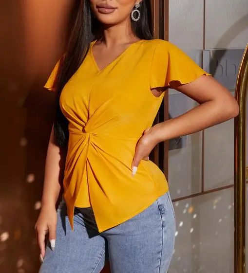 Top Women 2026 New Spring Summer Casual Versatile V-Neck Twisted Waist Flying Sleeve Top Solid Color Elegant T-Shirt