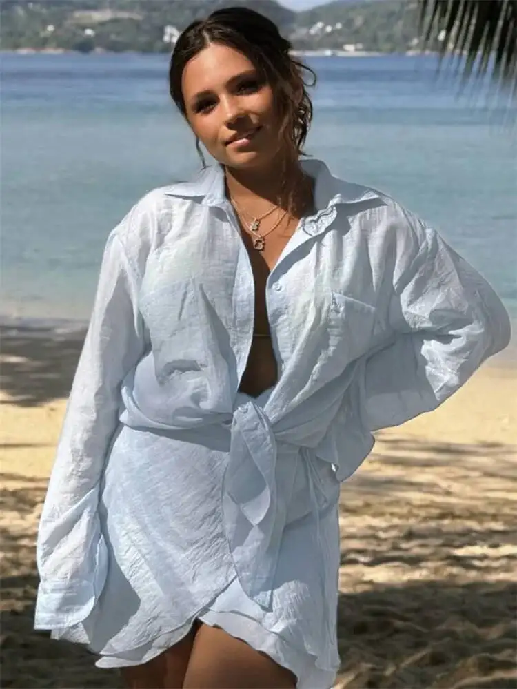 Casual 2 pezzi-set estate femminile copricostume e minigonna arricciata con lacci vacanza al mare abiti da donna larghi trasparenti