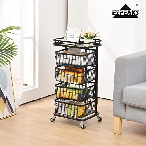 

6-Tier Black Steel Kitchen Tower Rounded Square Basket Shelves Organizer on Rolling Wheels with Detachable Drawers for Fruit Ve