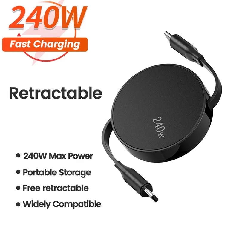 

Портативный кабель USB-C на USB-C 240 Вт, выдвижной, для быстрой зарядки и передачи данных, для iPhone, Xiaomi, Macbook, iPad, ноутбуков