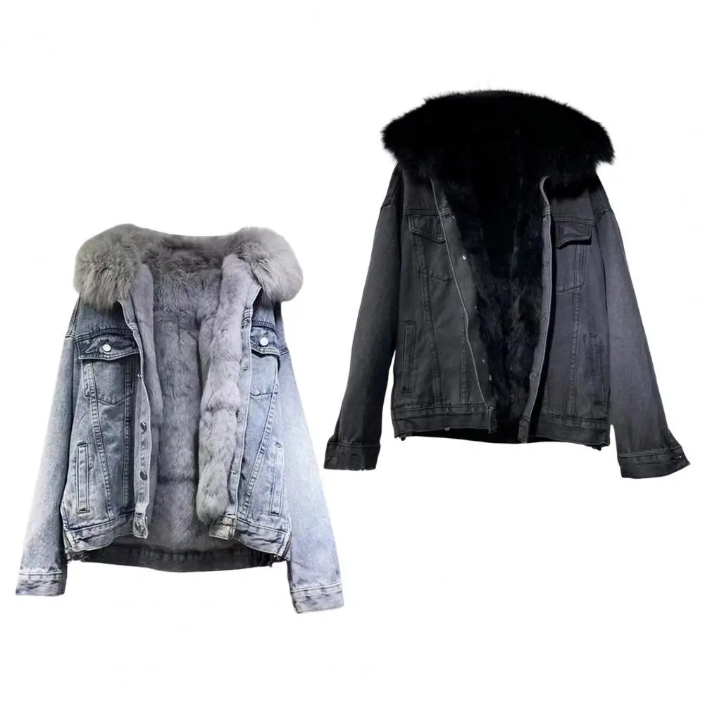 Dames Denim Jack Stijlvolle Winter Dames Denim Jas Met Harige Capuchon Pluche Voering Knoopsluiting Flap Zakken Voor Weer